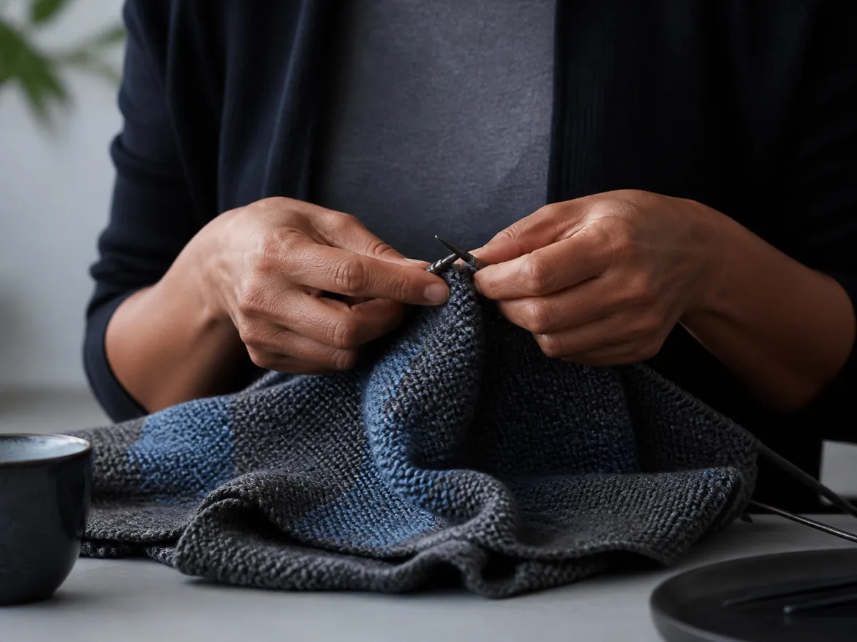 Hands knitting a charcoal and muted blue textile