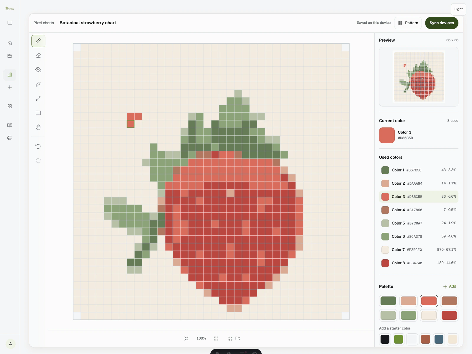 Stittli Pixel Chart editor with active drawing tools, edited cells, and a strawberry colourwork chart