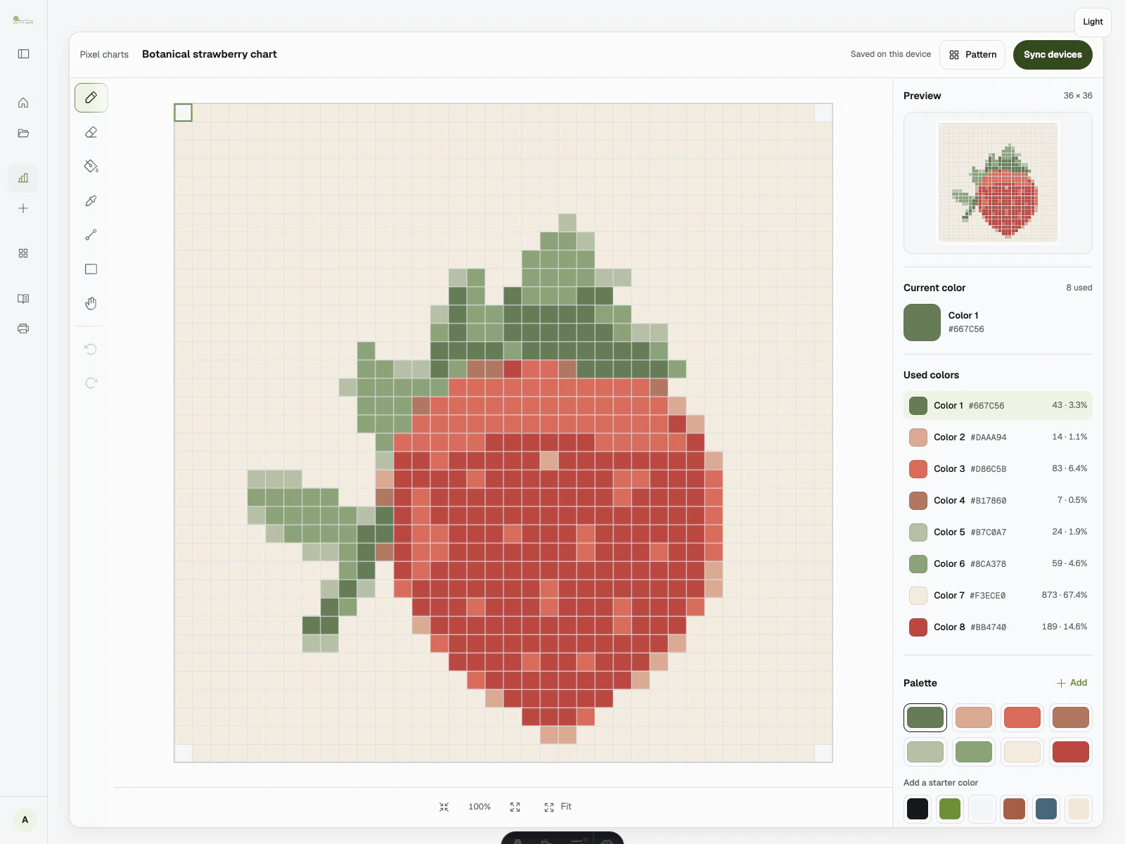 Stittli Pixel Chart editor showing a 36 by 36 strawberry chart and its colour palette