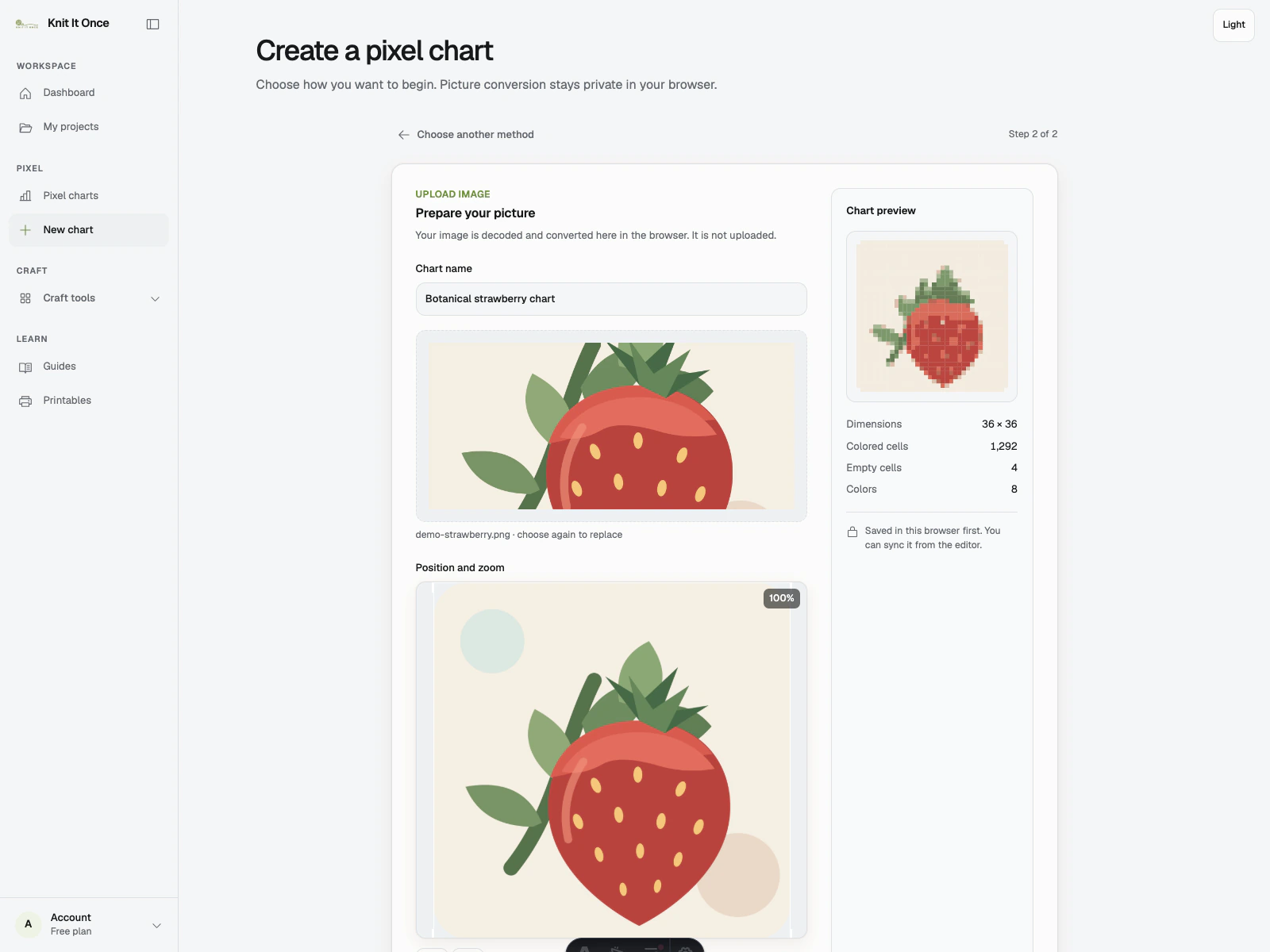 Stittli image import showing a strawberry source image and its live 36 by 36 chart preview