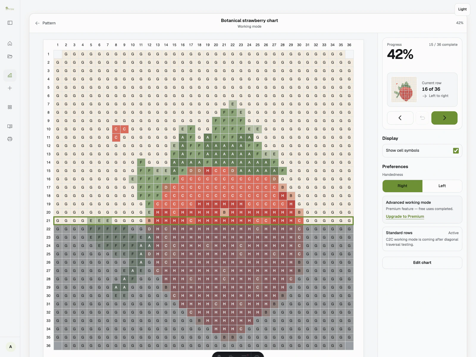 Stittli work mode showing row 16 of a strawberry chart highlighted with progress and direction controls